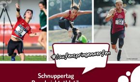 Flyer zum Schnuppertag Para Leichtathletik am 8. März von 10 bis Uhr in der Leichthletikhalle in der Kalkstraße 46 in Leverkusen
