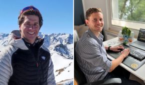 Benedikt Staubitzer vor einer Bergkulisse und Marcel Wienands sitzend an seinem Schreibtisch