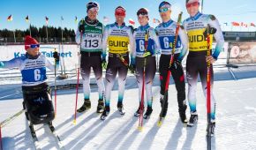 Die deutsche Mixd-Staffel mit Andrea Eskau, Steffen Lemker, Guide Martin Hörtl, Clara Klug, Nico Messinger und Guide Christian Winker