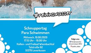 Infoflyer Schnuppertag Para Schwimmen (19. August 2020; 17.15 bis 19 Uhr; Hallen- und Freibad Wiembachtal Leverkusen