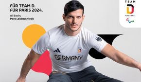 Gestaltetes Motiv mit dem Para Leichtathleten Ali Lacin, dazu der Slogan "Jetzt. Für immer."